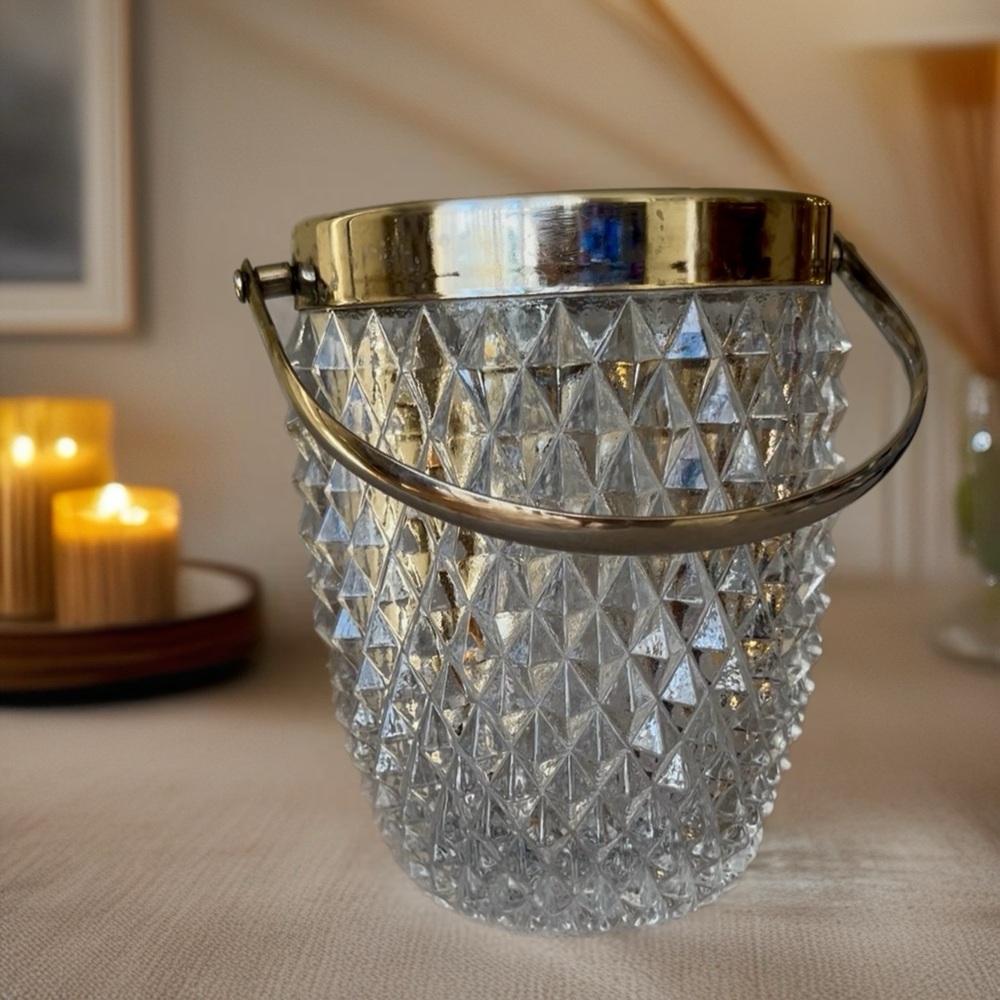 Vintage Diamond 💎 Point Glass Ice Bucket with Silver Accents